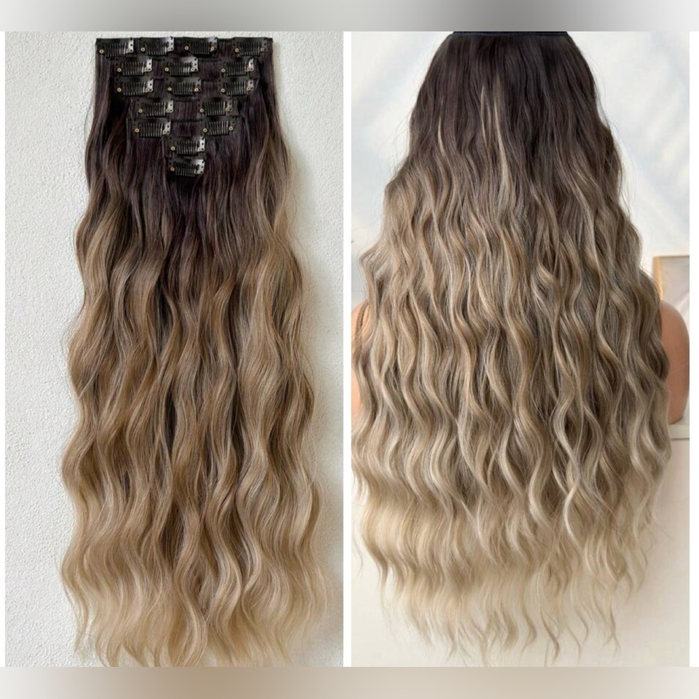 Human hair blend 22 in Water Is Wave Ash‎ Blonde Balayage Hair Extensions Set
